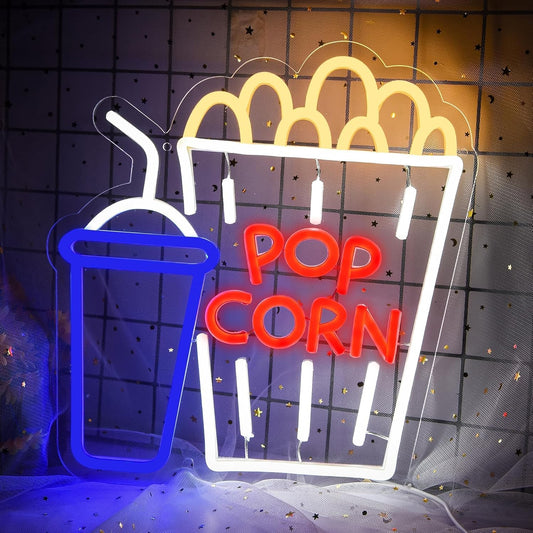Popcorn and soda cup neon sign in LED lights, perfect for movie room or home theater decor