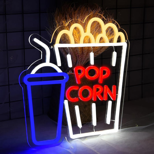 Popcorn and soda cup neon sign in LED lights, perfect for movie room or home theater decor