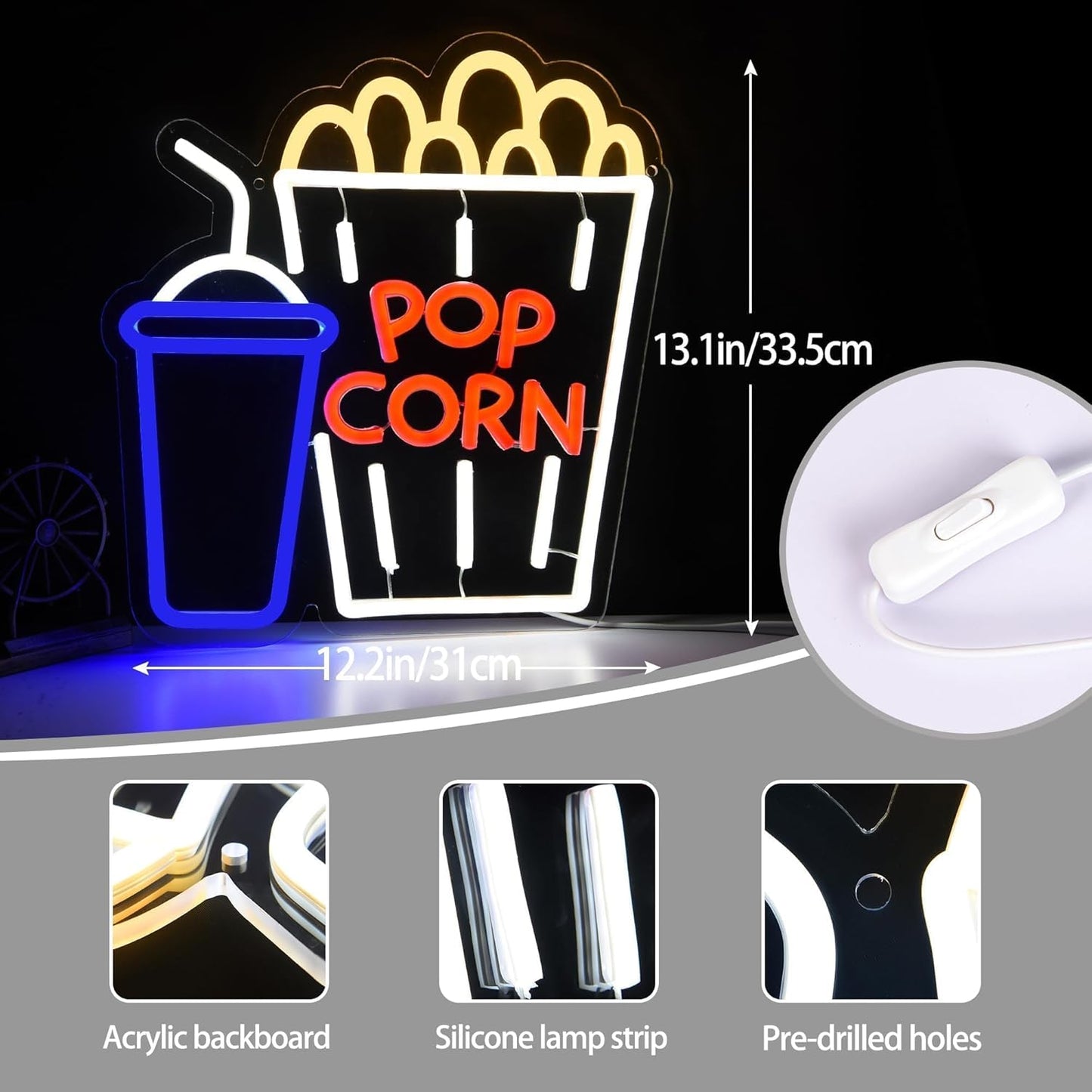 Popcorn and soda cup neon sign in LED lights, perfect for movie room or home theater decor