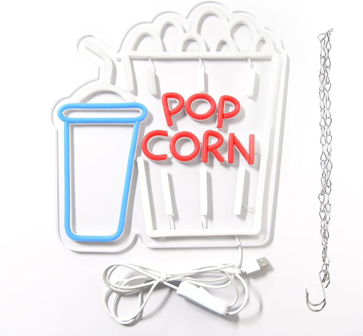 Popcorn and soda cup neon sign in LED lights, perfect for movie room or home theater decor