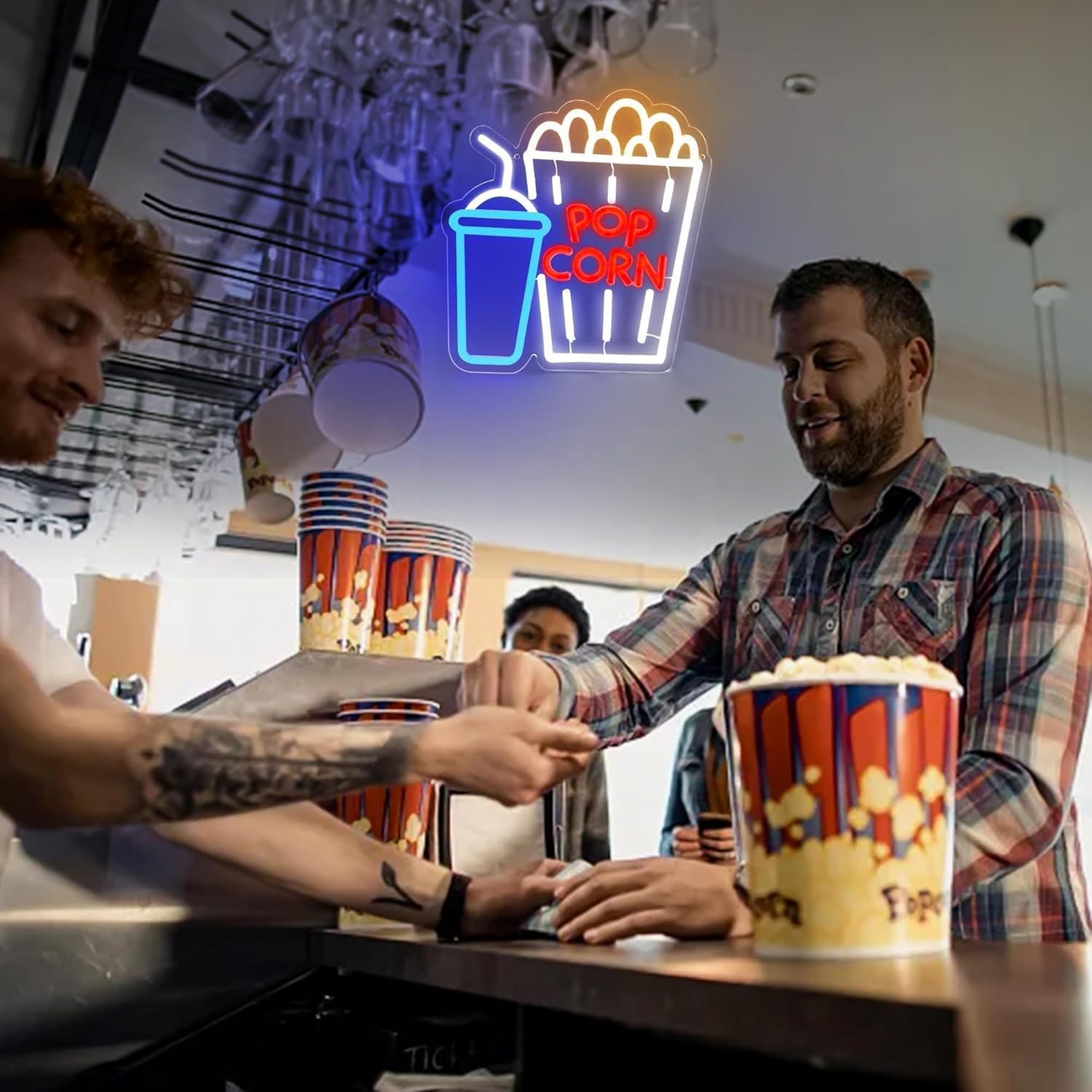 Popcorn and soda cup neon sign in LED lights, perfect for movie room or home theater decor