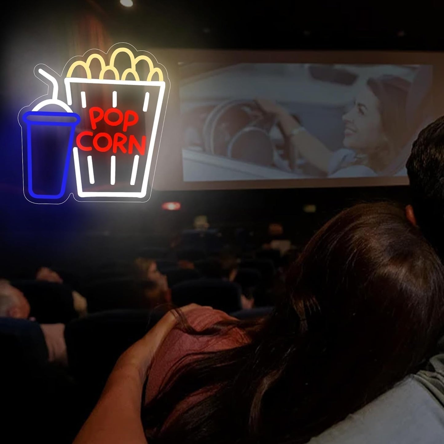 Popcorn and soda cup neon sign in LED lights, perfect for movie room or home theater decor