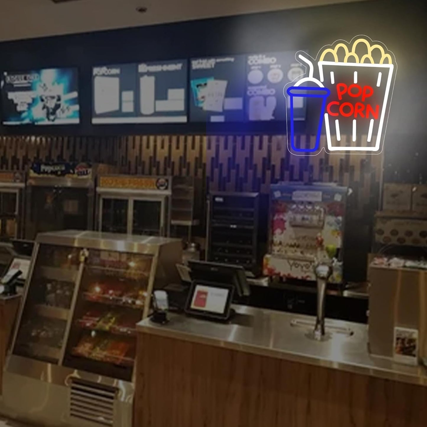 Popcorn and soda cup neon sign in LED lights, perfect for movie room or home theater decor