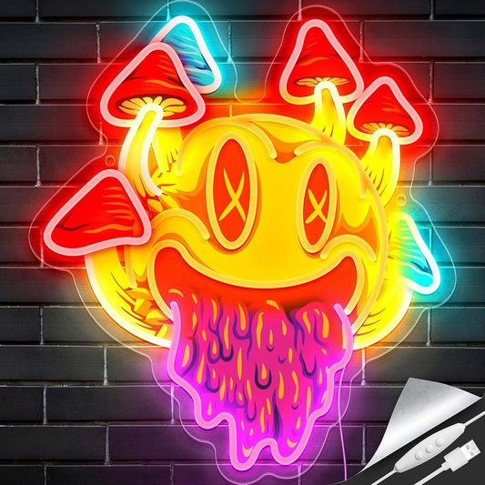 Psychedelic Smiley Mushroom Neon Sign - Trippy LED Wall Light for Room & Bar Decor