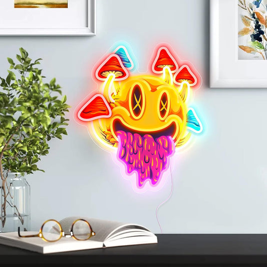 Psychedelic Smiley Mushroom Neon Sign - Trippy LED Wall Light for Room & Bar Decor