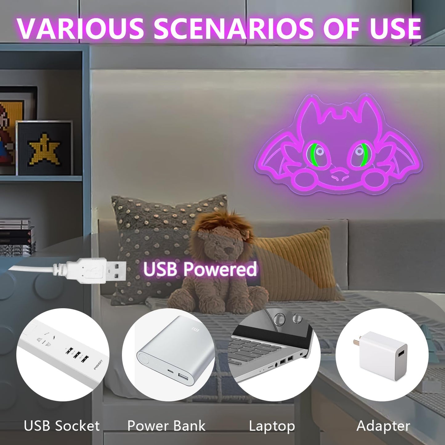 Purple cute bat neon sign LED light for kids room or Halloween wall decor