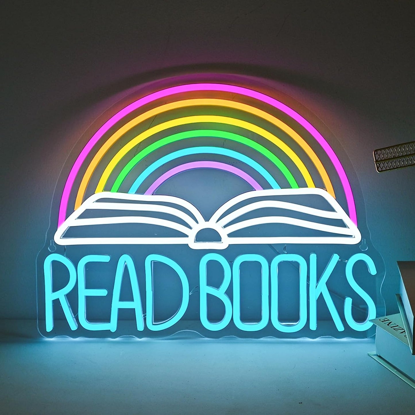 Read Books” neon sign with book and rainbow design for classroom or home