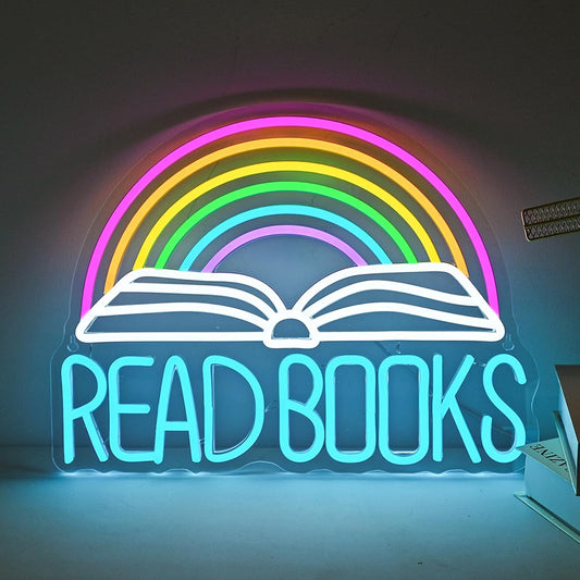 Read Books” neon sign with book and rainbow design for classroom or home