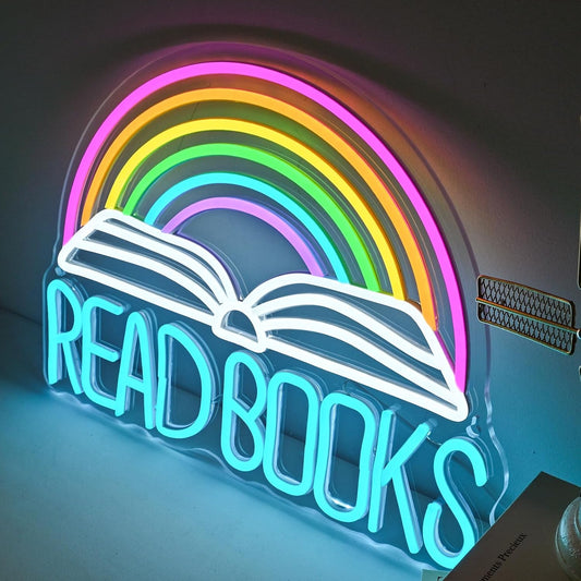 Read Books” neon sign with book and rainbow design for classroom or home