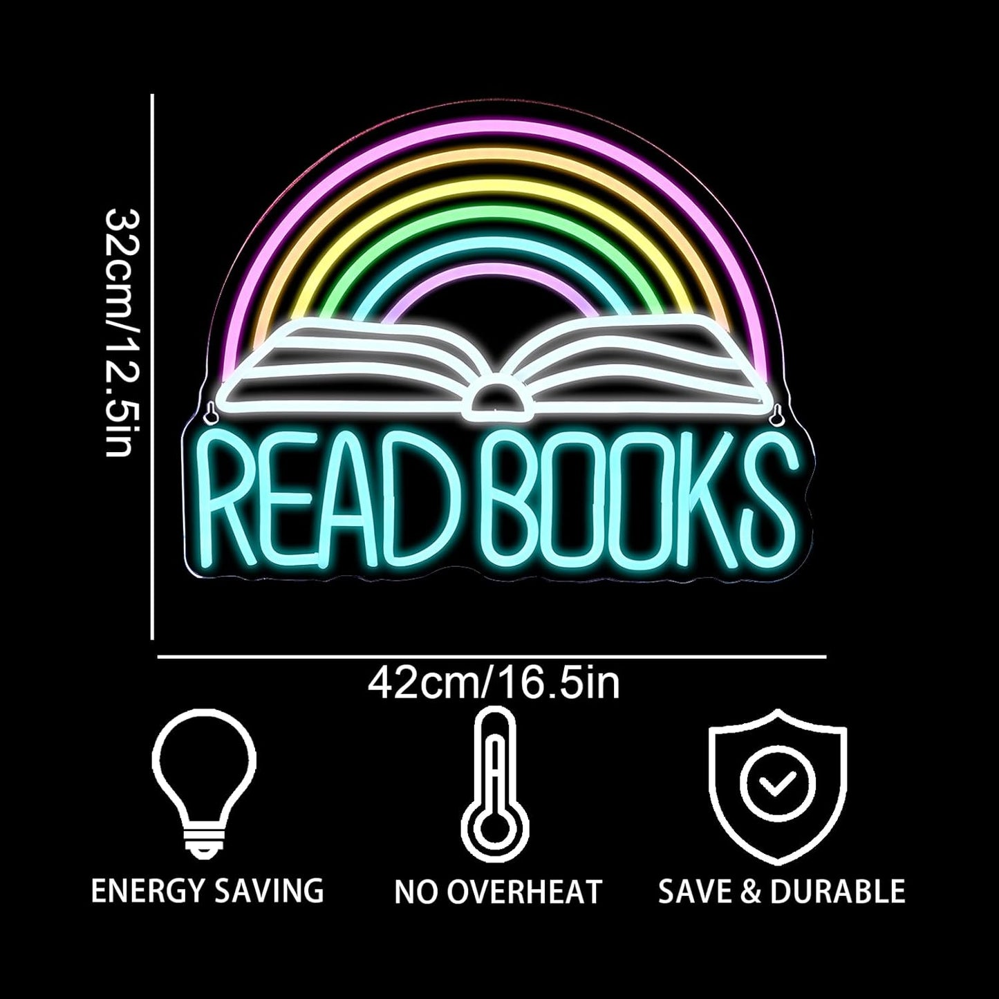 Read Books” neon sign with book and rainbow design for classroom or home