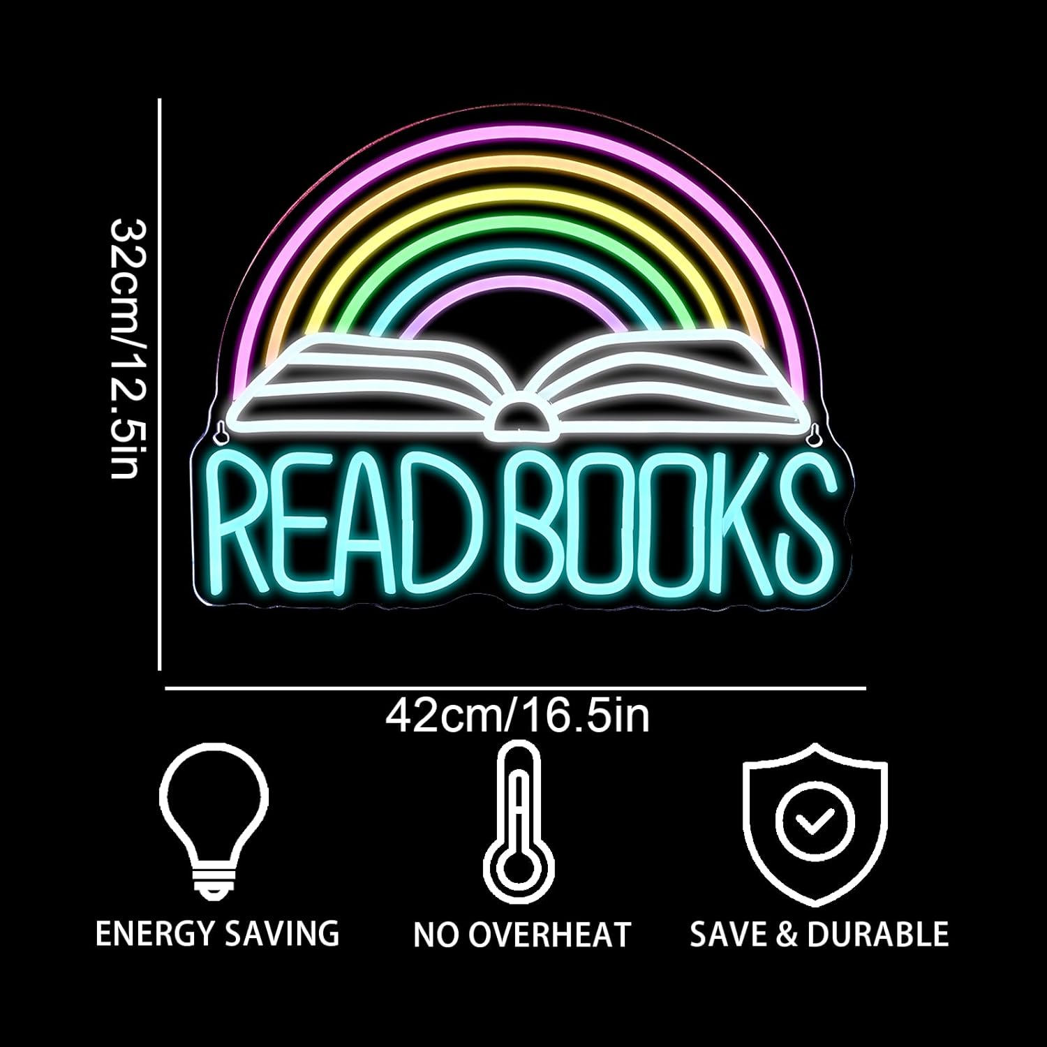 Read Books” neon sign with book and rainbow design for classroom or home