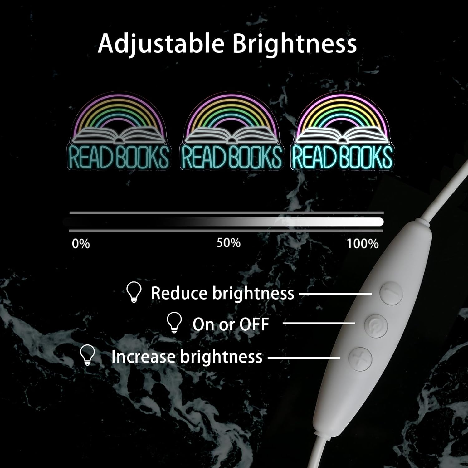 Read Books” neon sign with book and rainbow design for classroom or home
