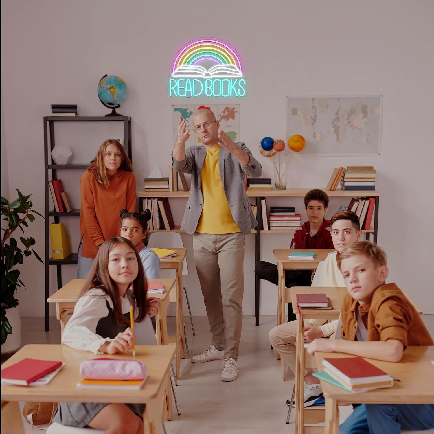 Read Books” neon sign with book and rainbow design for classroom or home