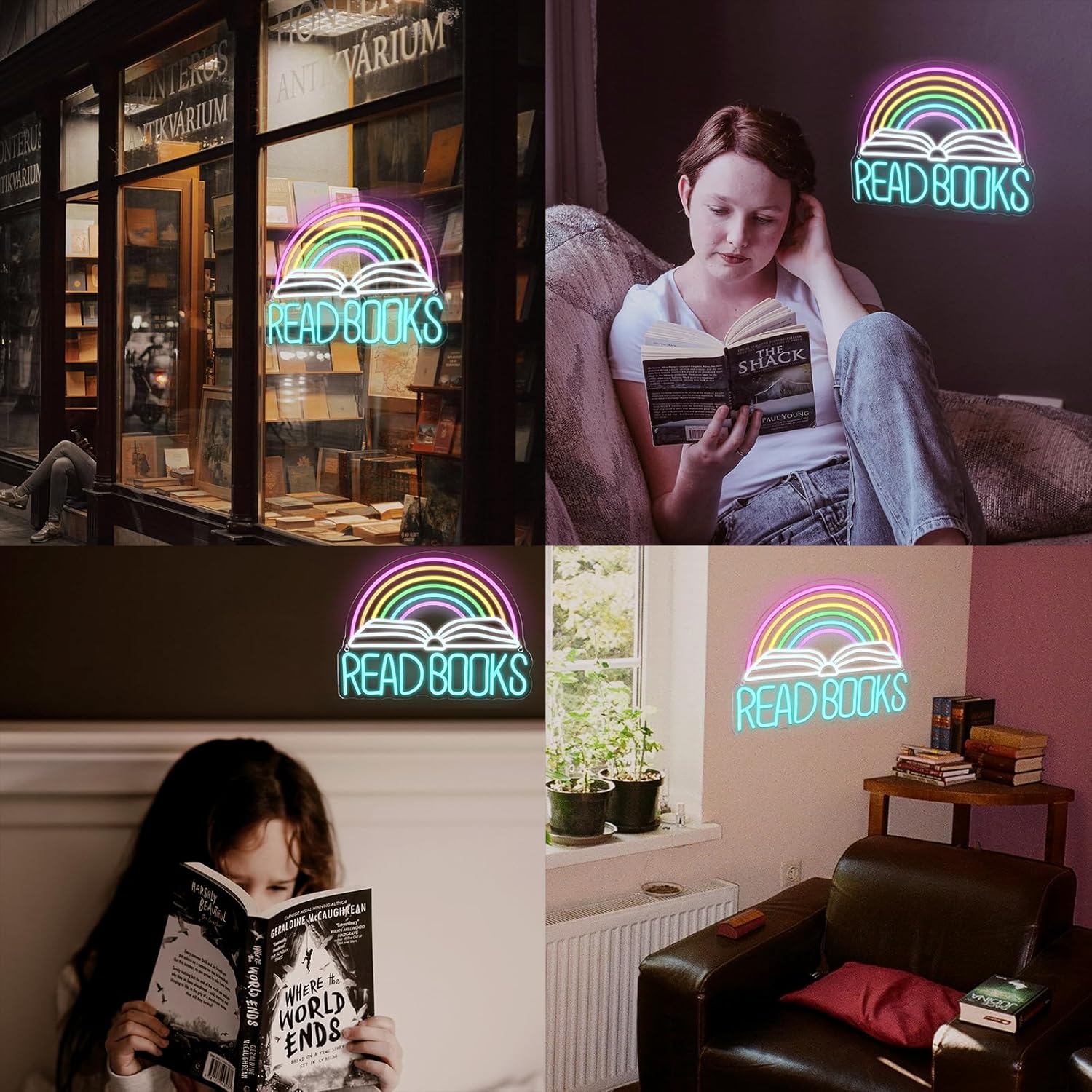 Read Books” neon sign with book and rainbow design for classroom or home