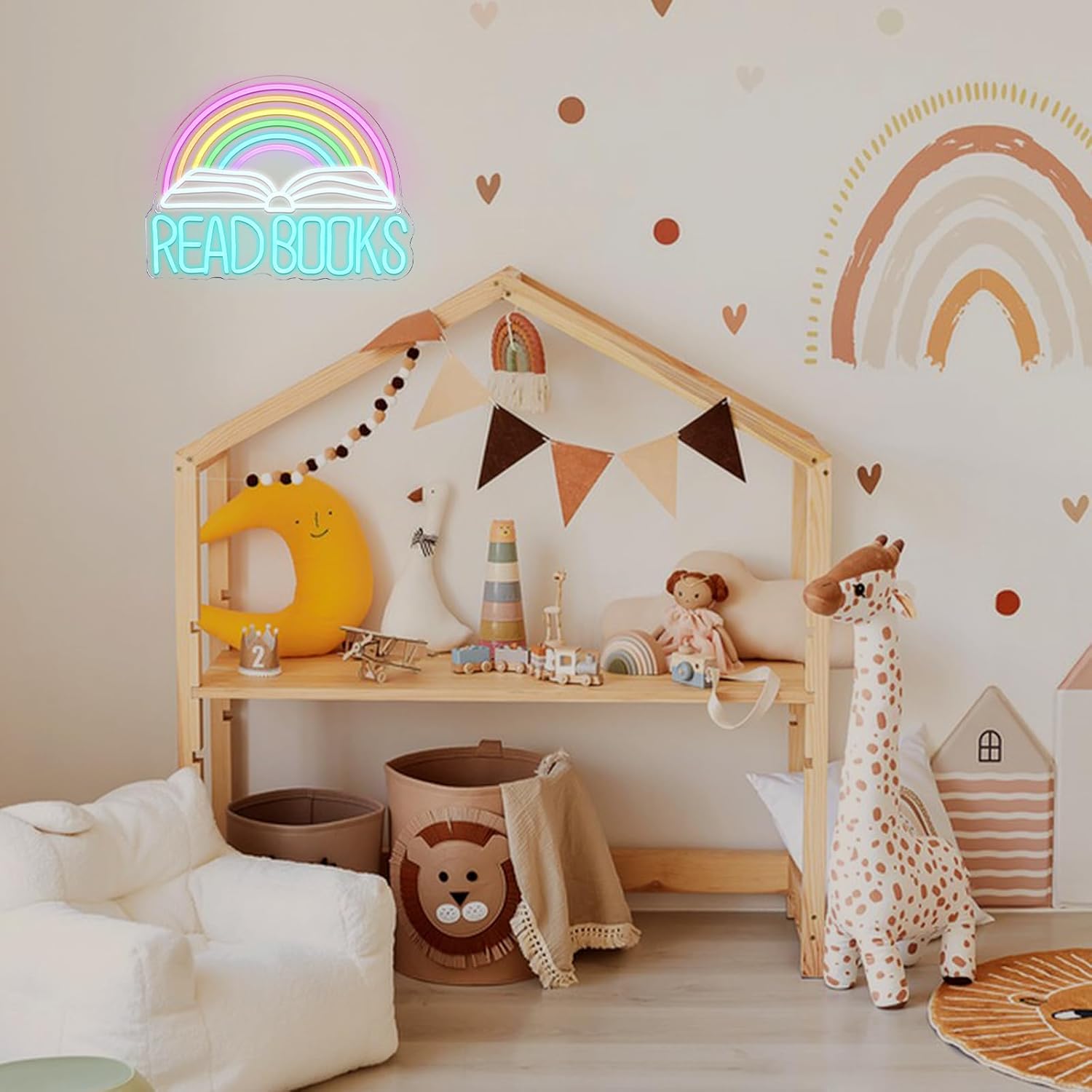Read Books” neon sign with book and rainbow design for classroom or home