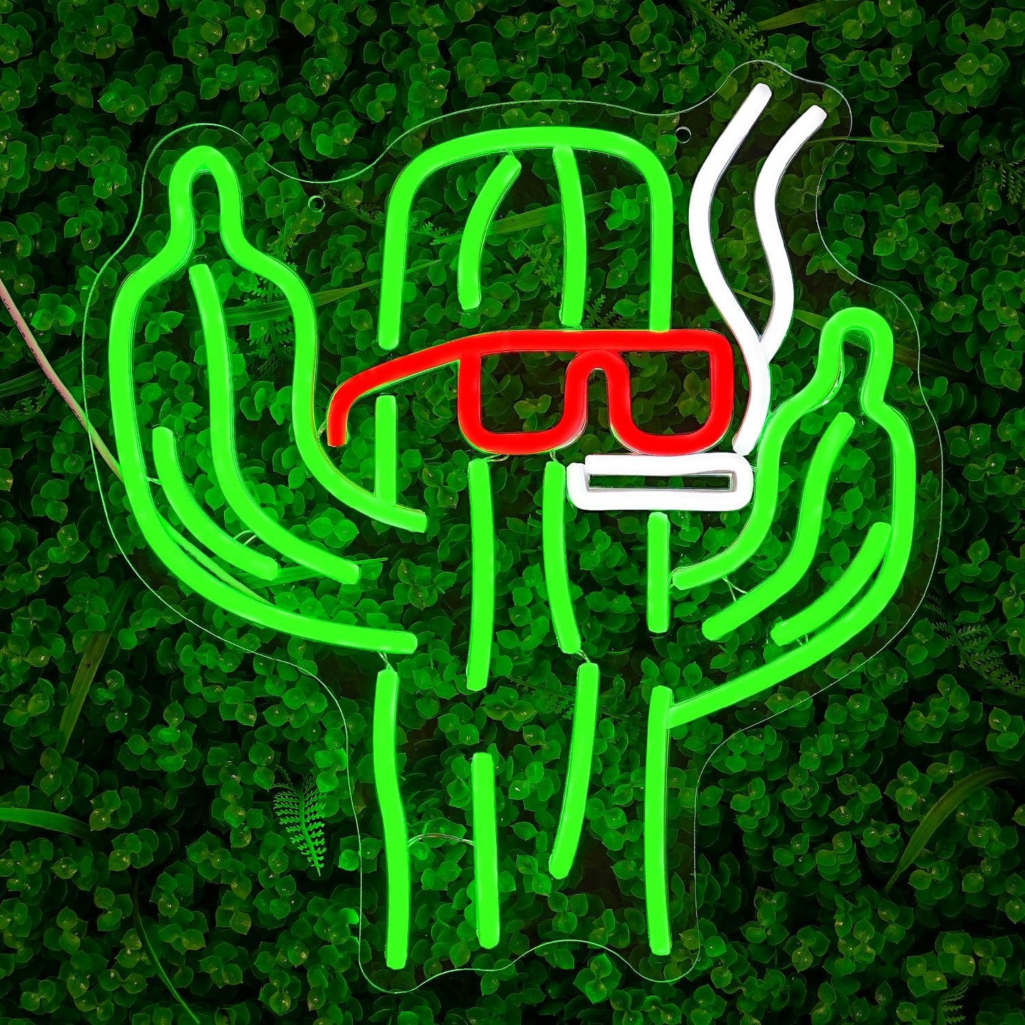 Rebellious cactus neon sign with sunglasses, cigarette, and middle fingers