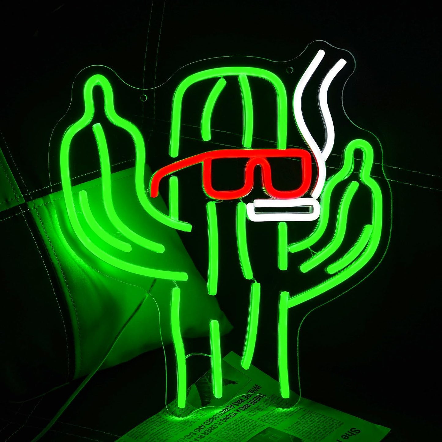 Rebellious cactus neon sign with sunglasses, cigarette, and middle fingers