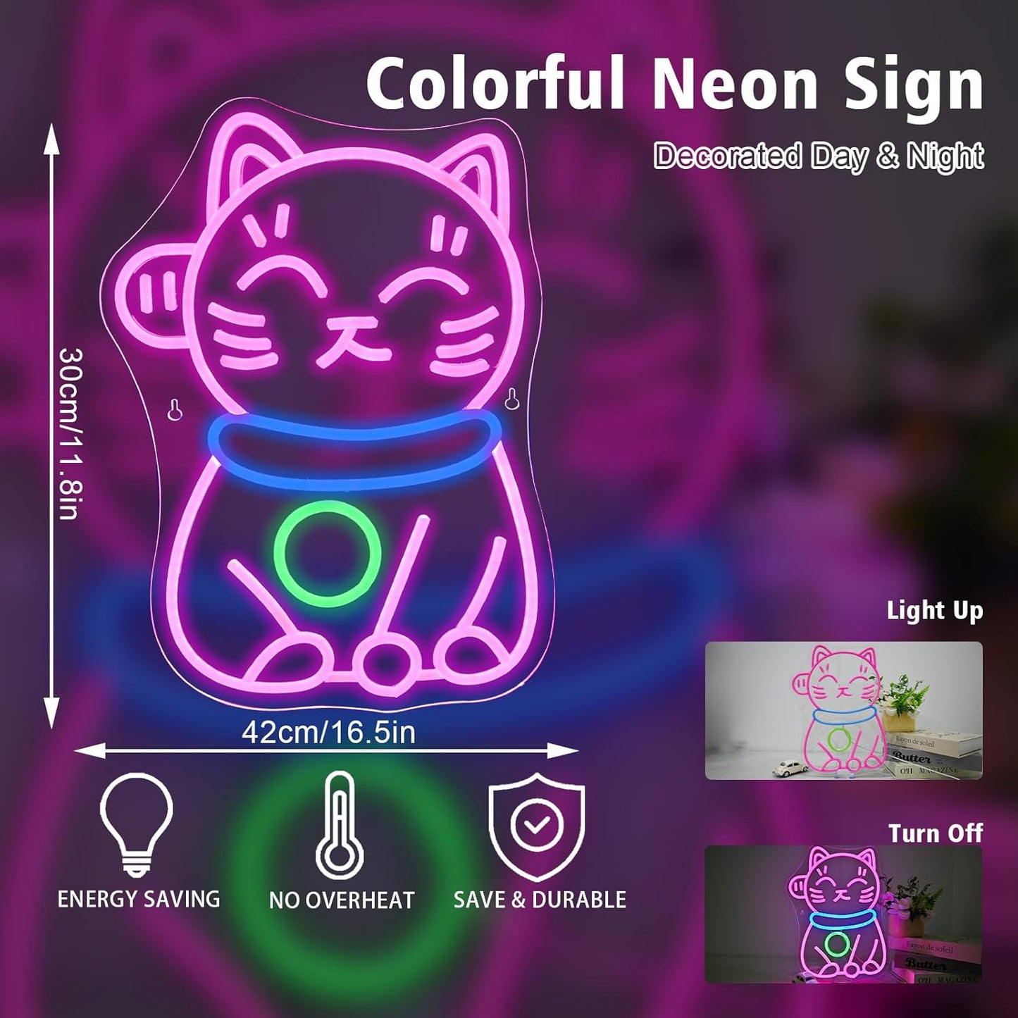 Colorful cartoon cat neon sign in sitting position, LED wall decor for bedrooms or gaming rooms