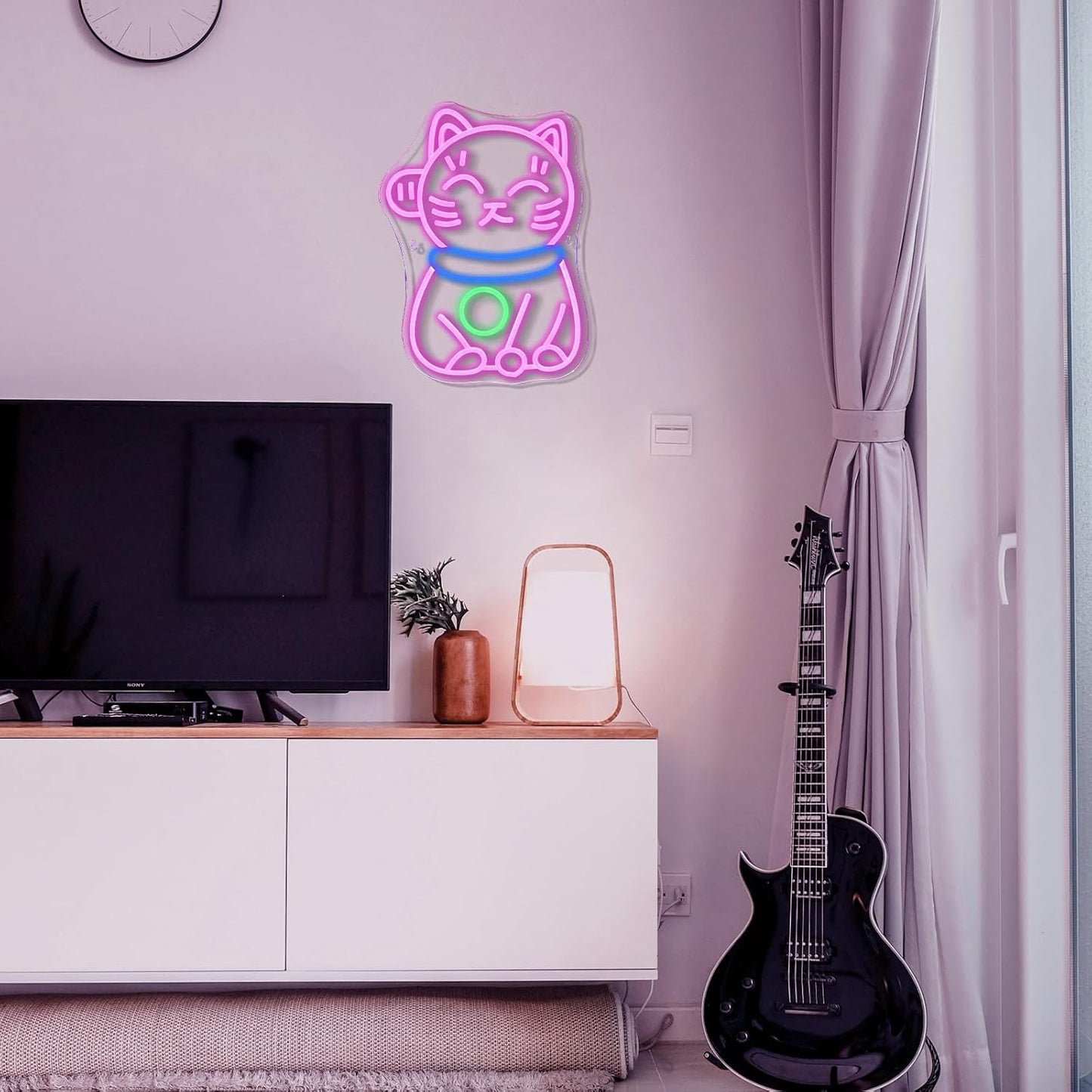 Colorful cartoon cat neon sign in sitting position, LED wall decor for bedrooms or gaming rooms