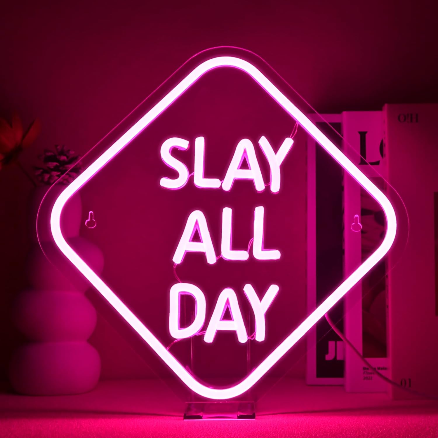 Slay All Day neon sign in pink LED light for beauty salon or bedroom wall decor