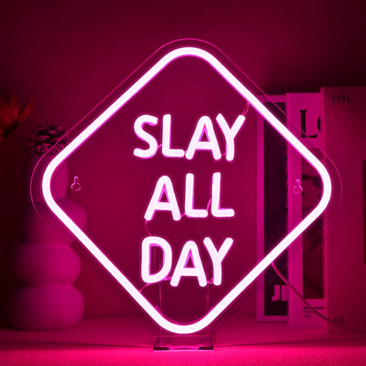 Slay All Day neon sign in pink LED light for beauty salon or bedroom wall decor