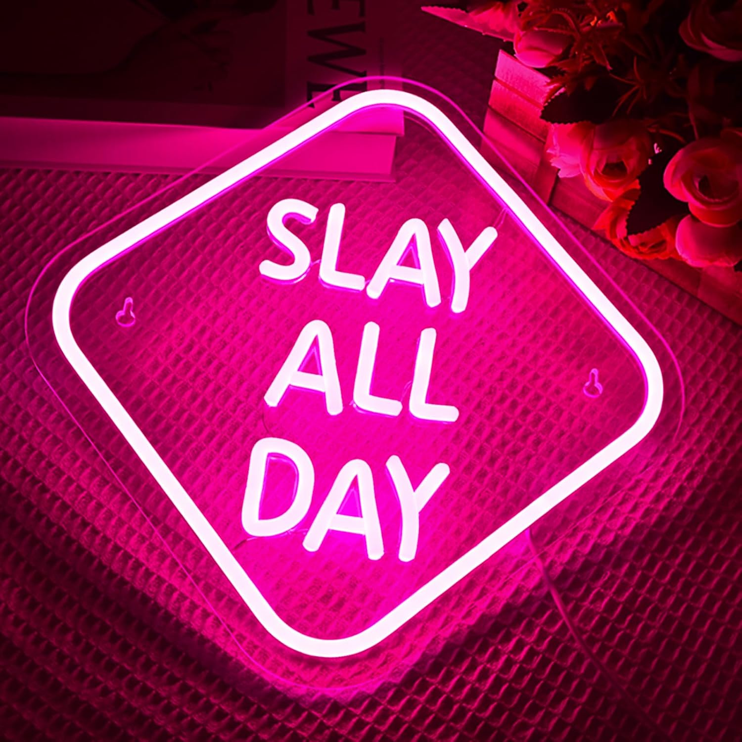Slay All Day neon sign in pink LED light for beauty salon or bedroom wall decor