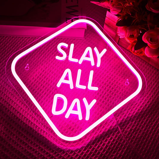 Slay All Day neon sign in pink LED light for beauty salon or bedroom wall decor