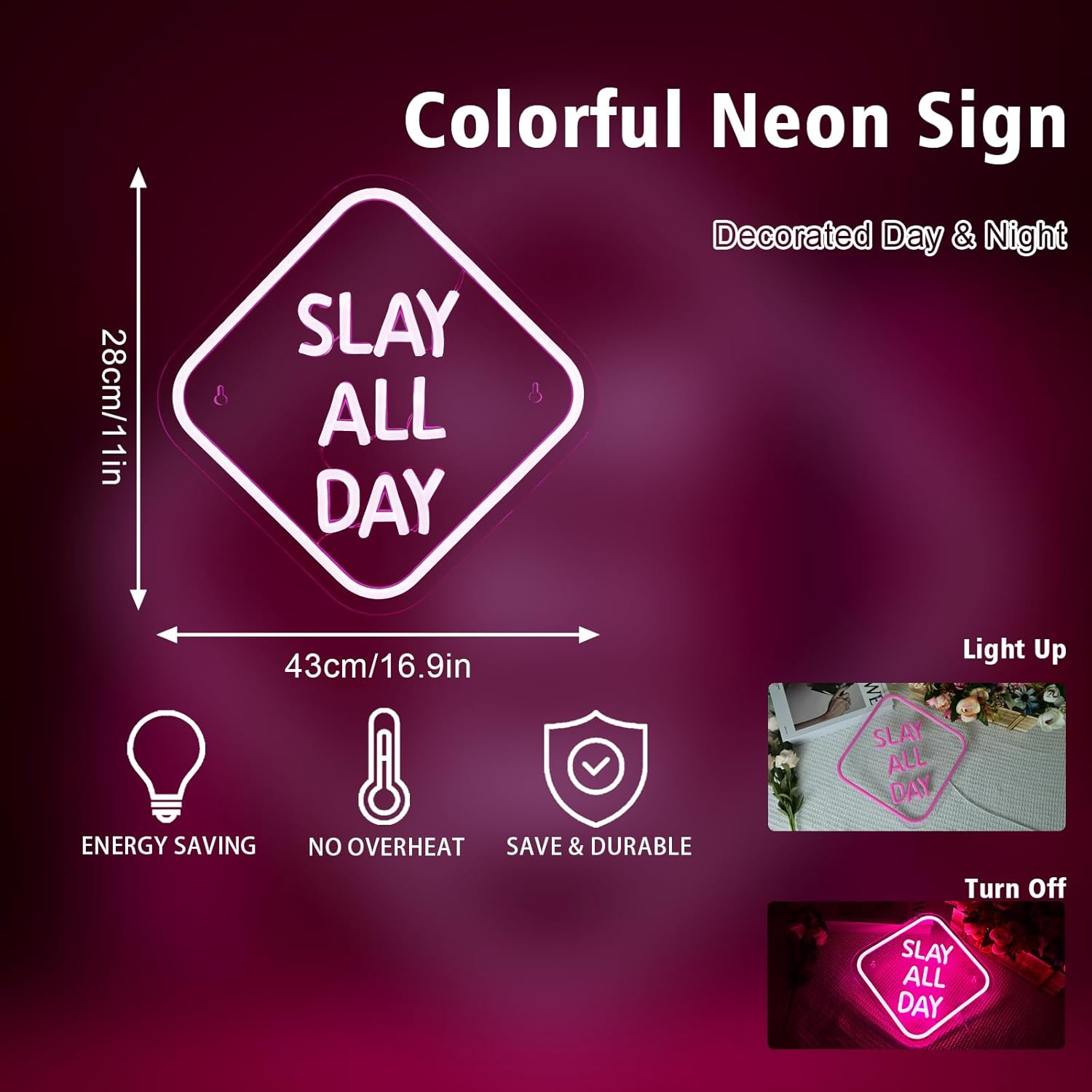 Slay All Day neon sign in pink LED light for beauty salon or bedroom wall decor