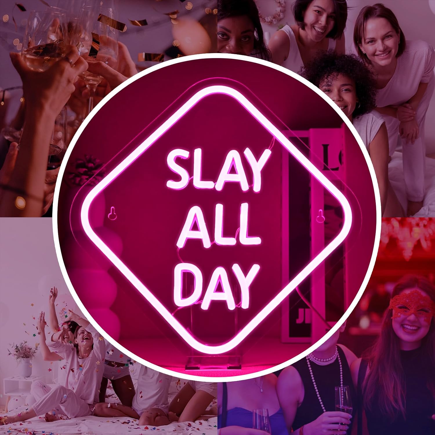 Slay All Day neon sign in pink LED light for beauty salon or bedroom wall decor