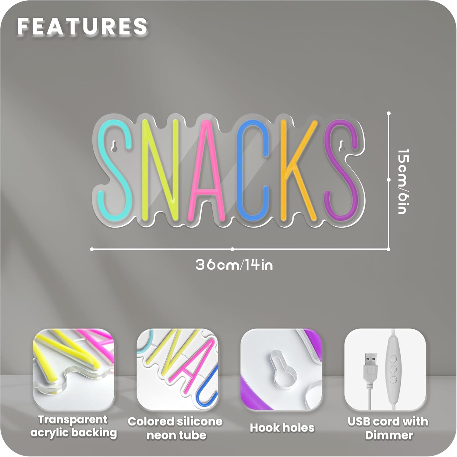 Colorful “Snacks” LED neon light sign for kitchen or snack bar wall decor