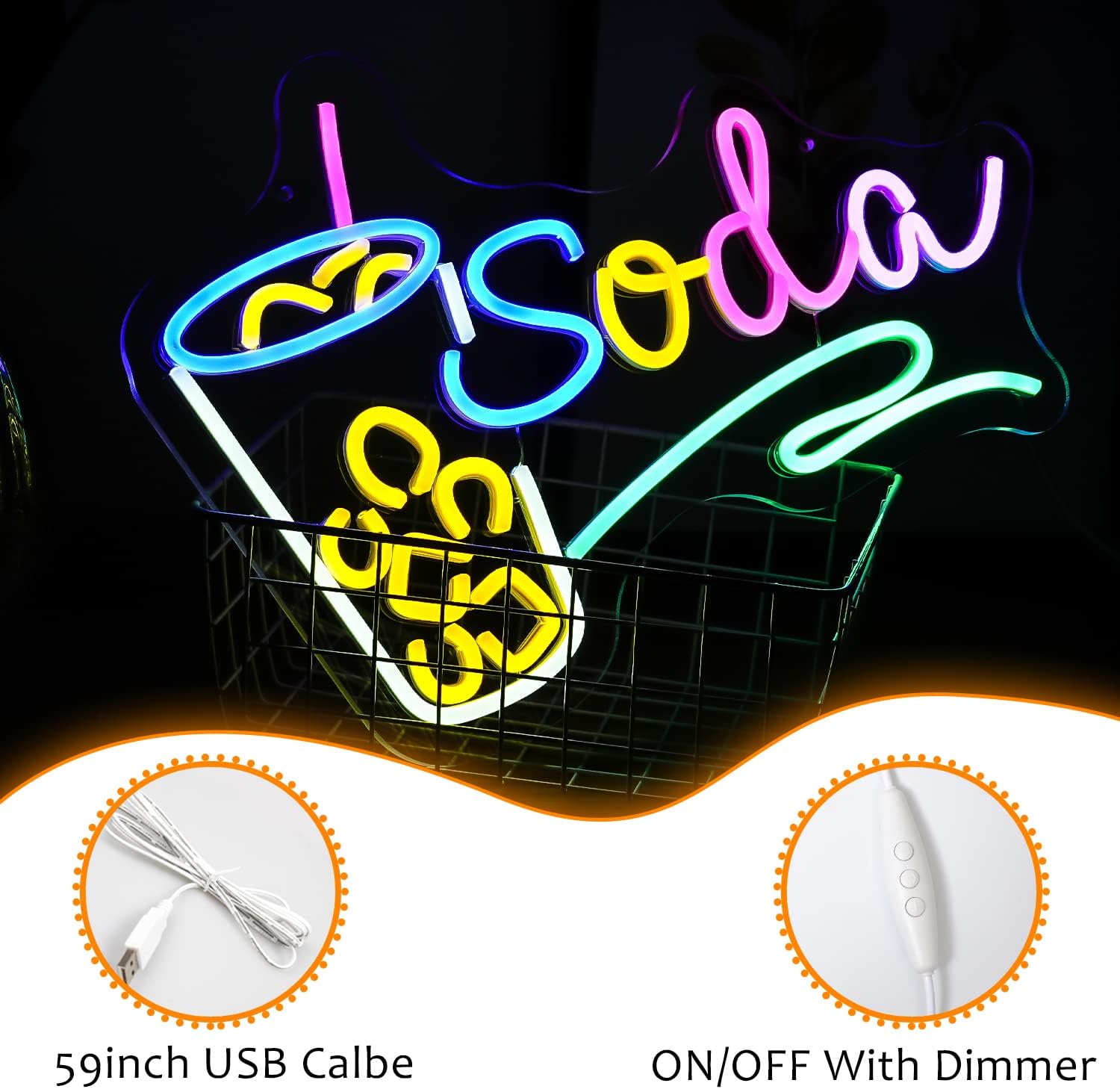 Soda neon sign with cup and straw icon, colorful LED wall light