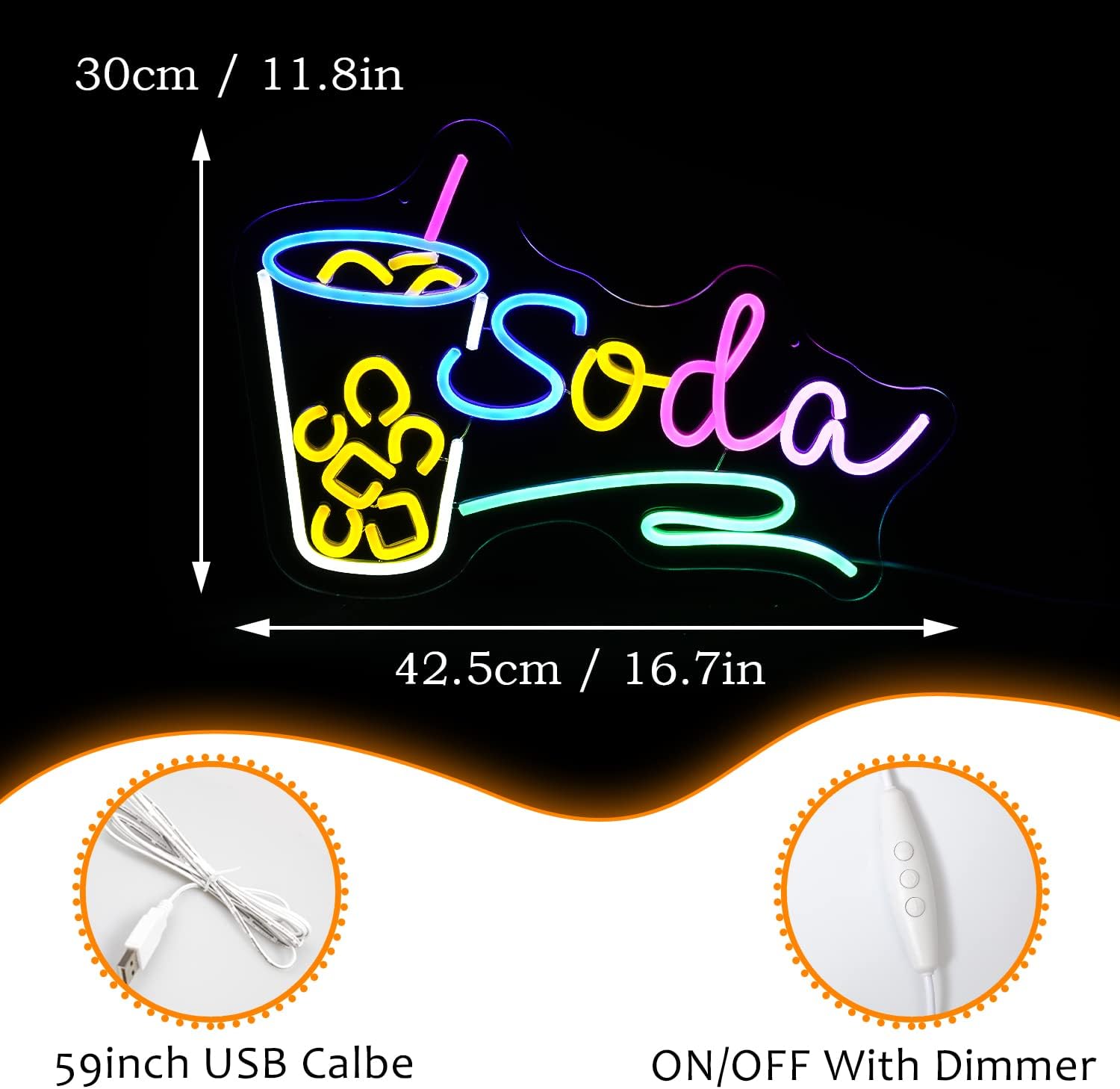 Soda neon sign with cup and straw icon, colorful LED wall light