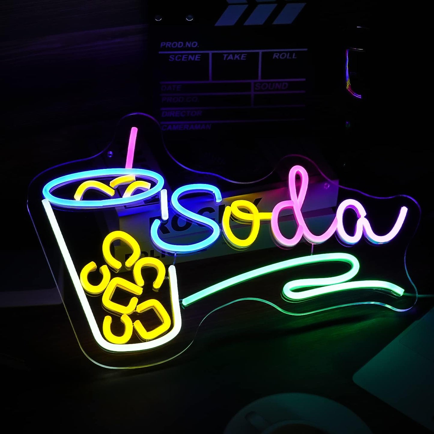 Soda neon sign with cup and straw icon, colorful LED wall light