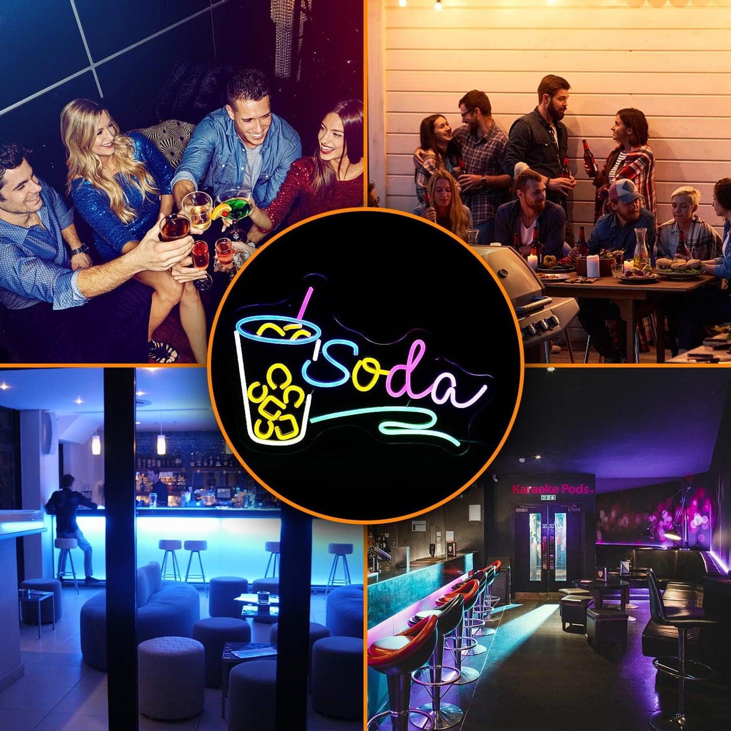 Soda neon sign with cup and straw icon, colorful LED wall light
