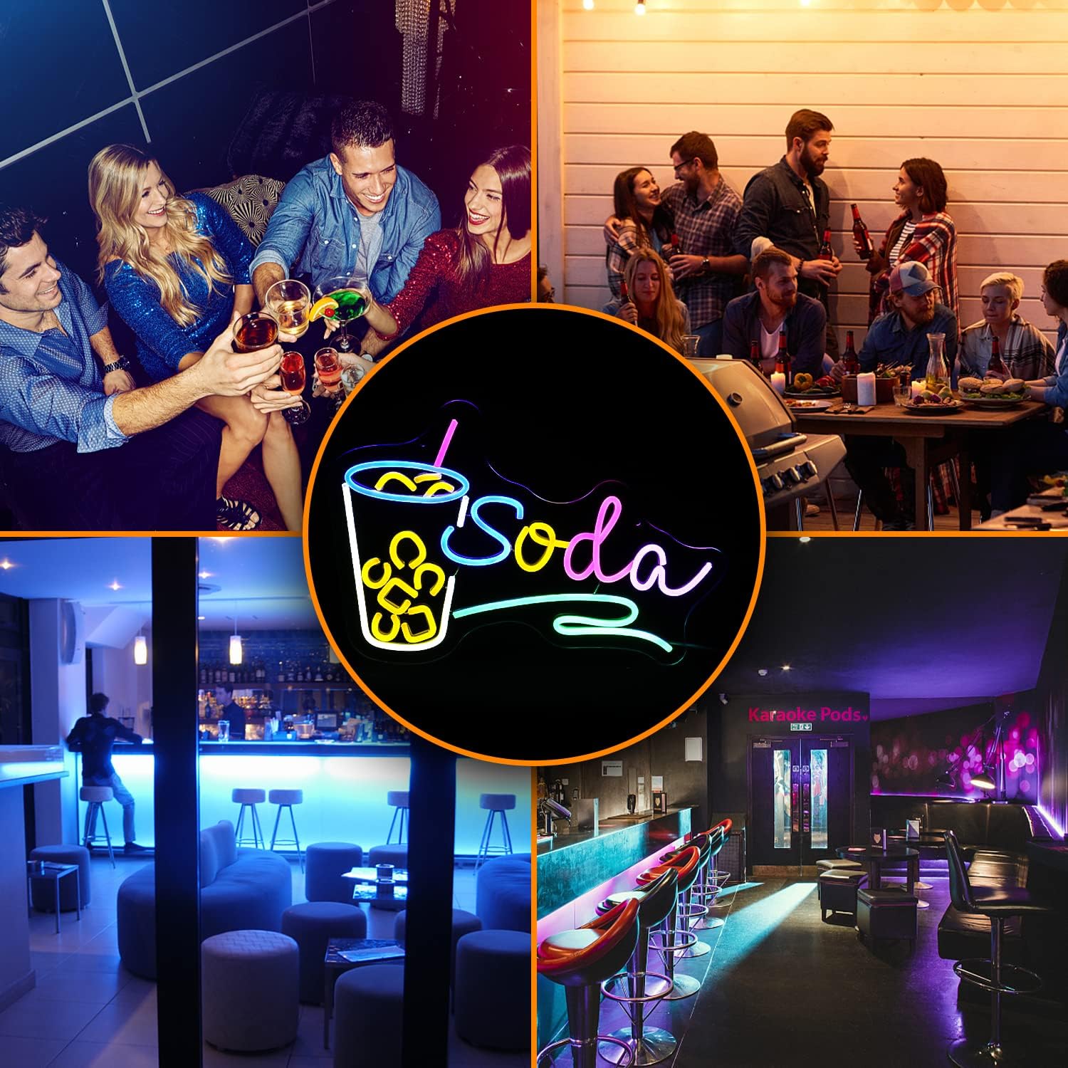 Soda neon sign with cup and straw icon, colorful LED wall light