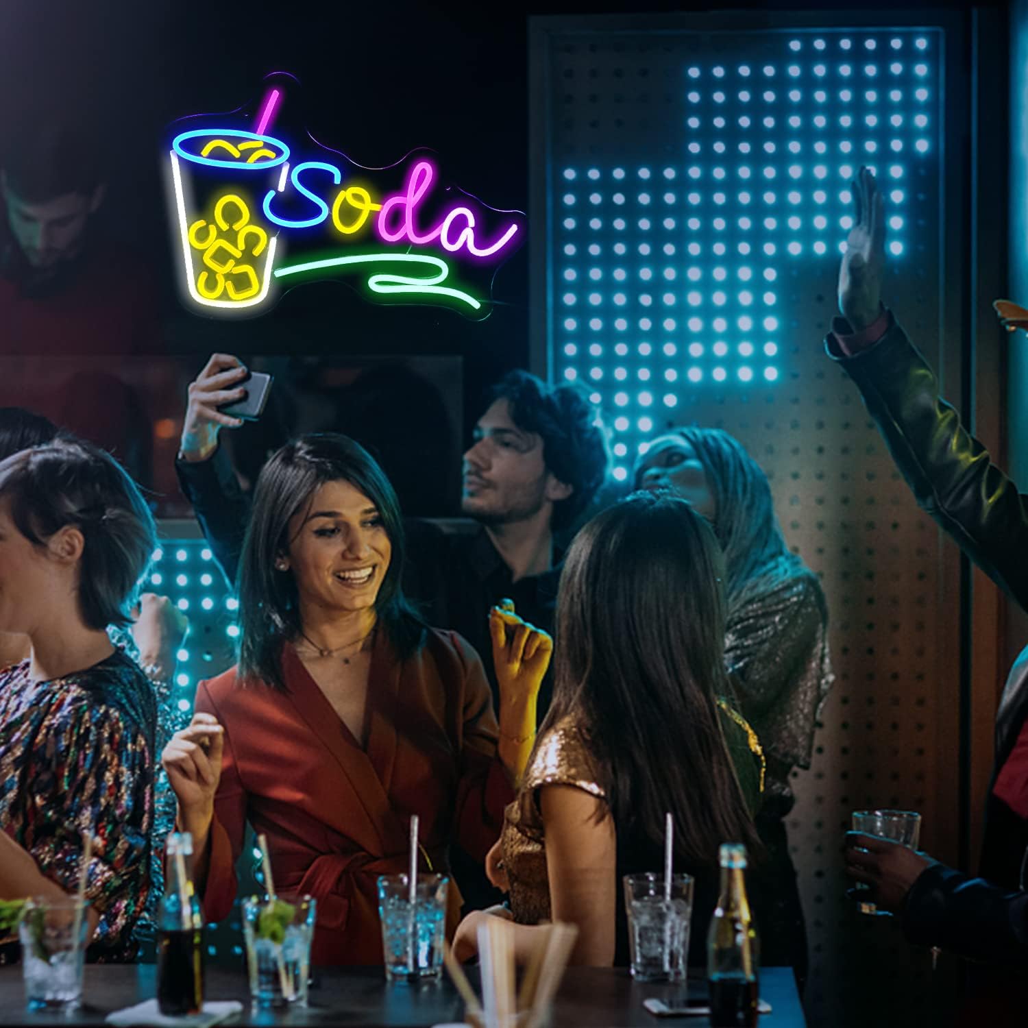 Soda neon sign with cup and straw icon, colorful LED wall light