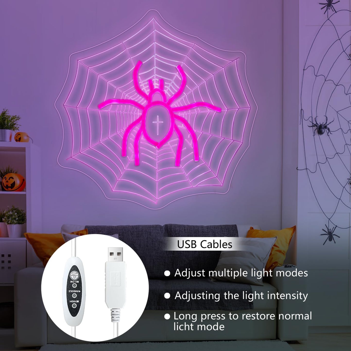 Neon sign of a spider sitting in the center of a spiderweb with UV-printed detail, gothic and Halloween-themed room decor