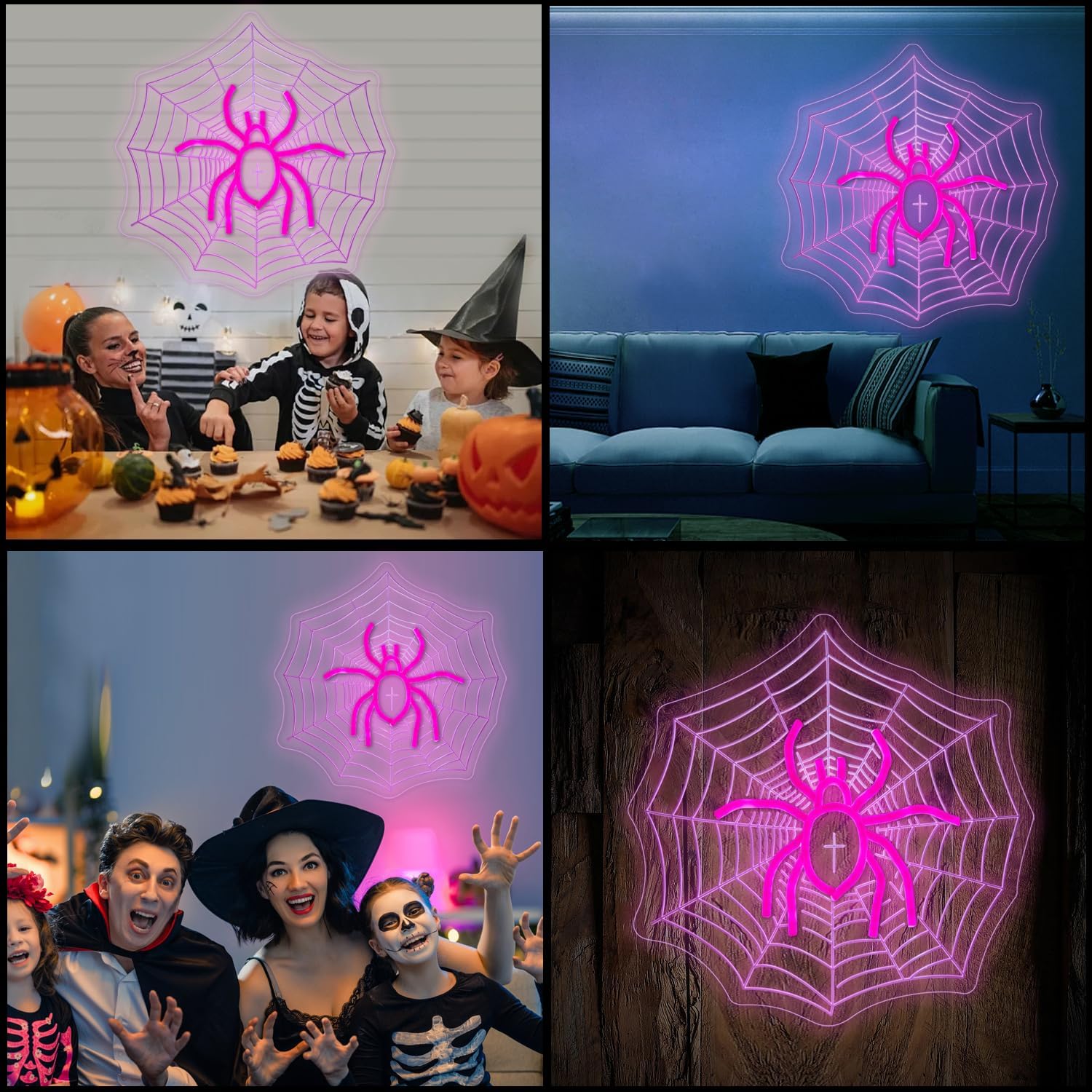 Neon sign of a spider sitting in the center of a spiderweb with UV-printed detail, gothic and Halloween-themed room decor