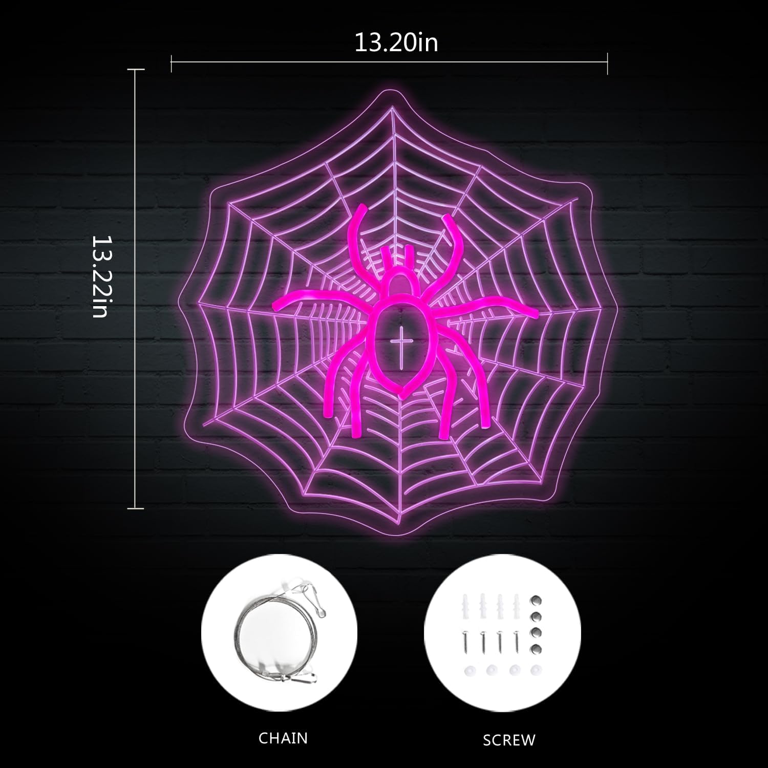 Neon sign of a spider sitting in the center of a spiderweb with UV-printed detail, gothic and Halloween-themed room decor