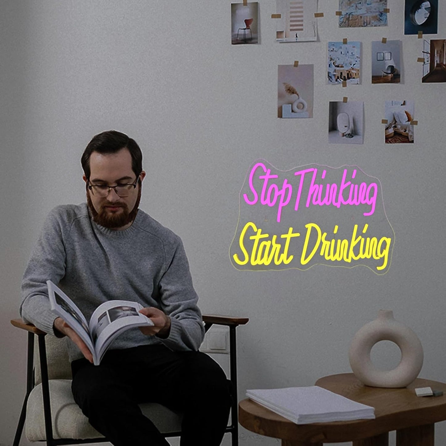 LED neon sign with the quote "Stop Thinking Start Drinking" for bar and party wall decor