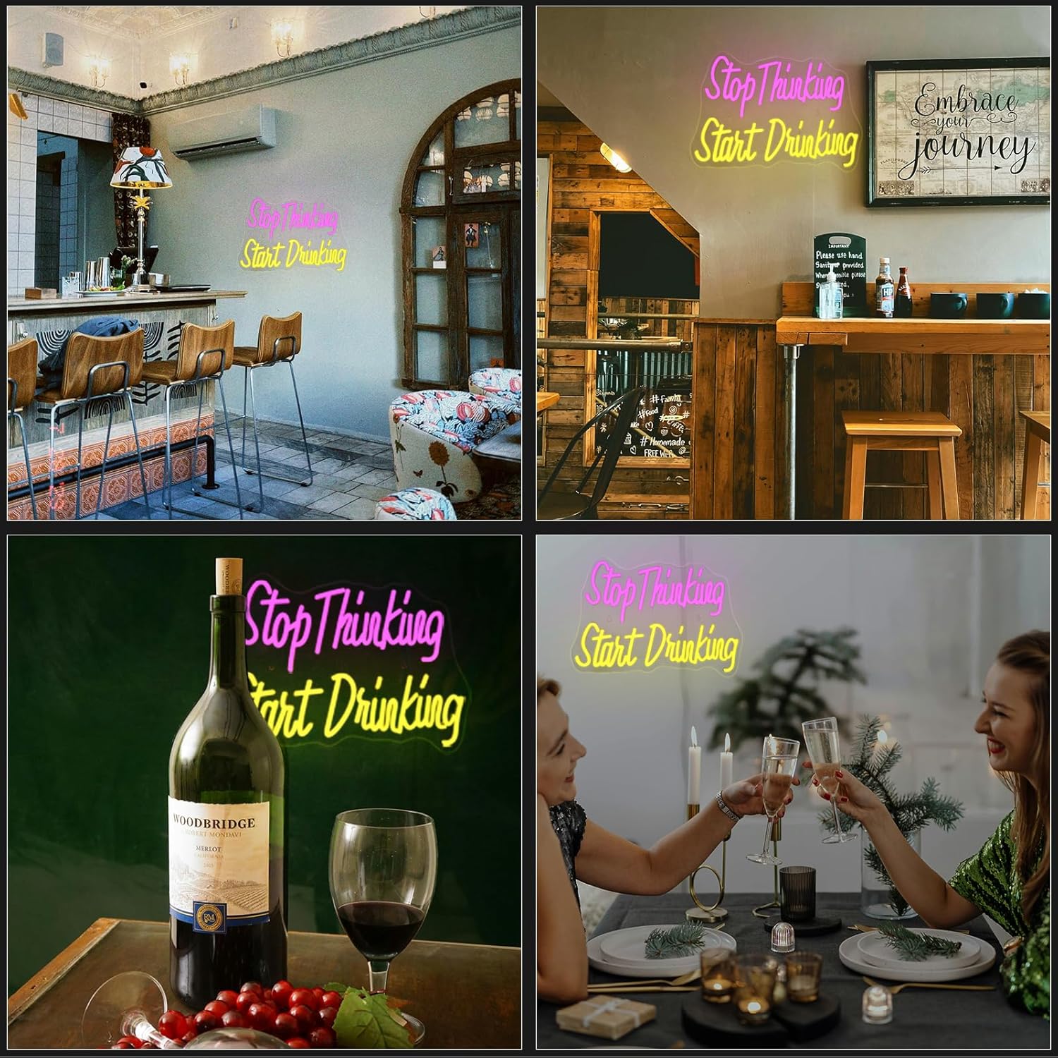 LED neon sign with the quote "Stop Thinking Start Drinking" for bar and party wall decor