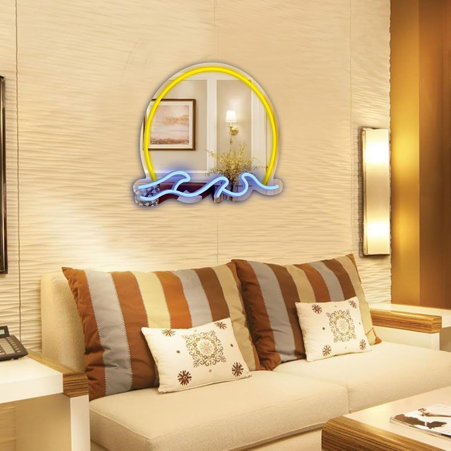 Sunset and wave neon sign mirror with yellow and blue LED lights, decorative vanity mirror for modern home decor