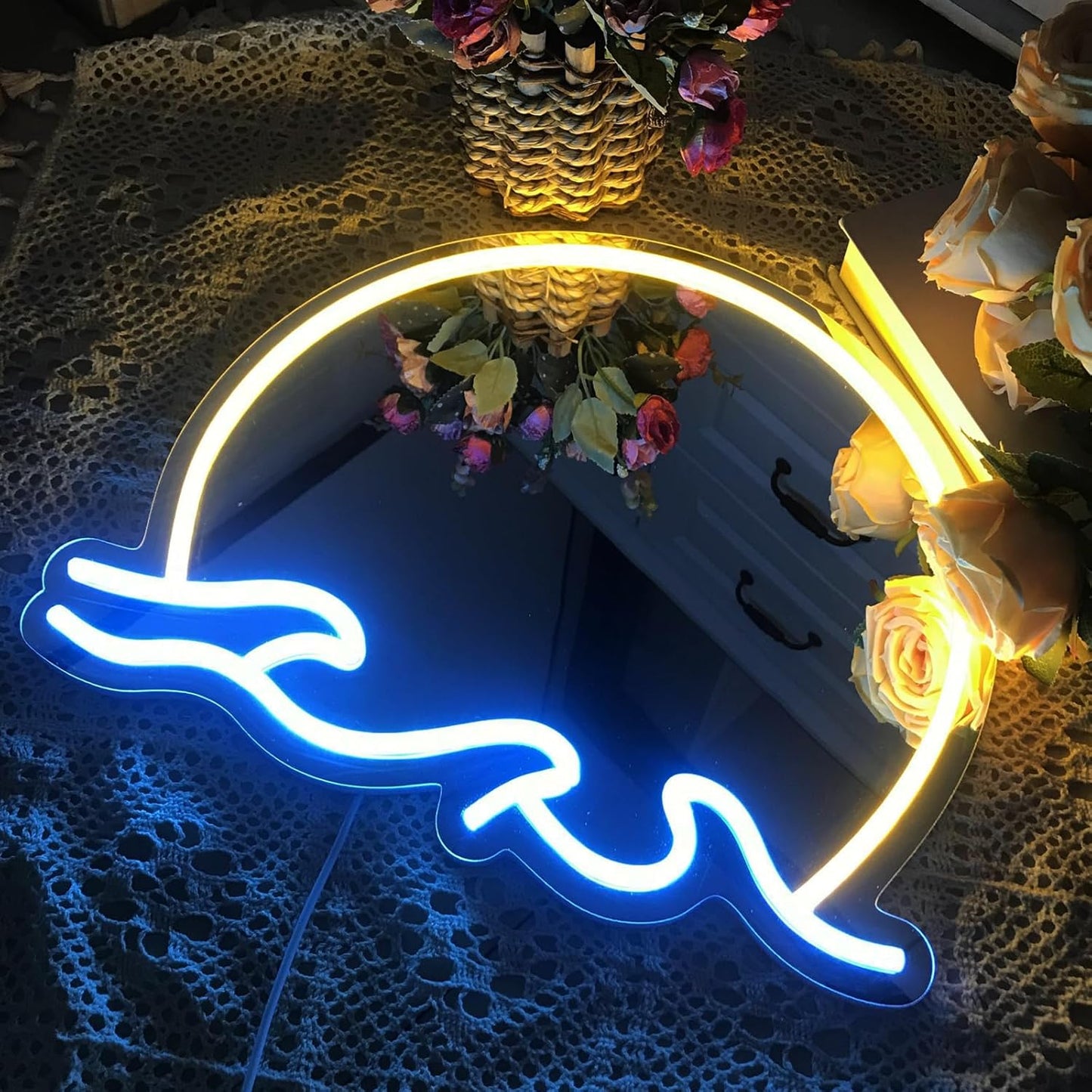 Sunset and wave neon sign mirror with yellow and blue LED lights, decorative vanity mirror for modern home decor