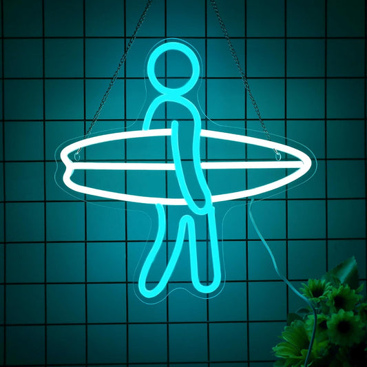 LED neon sign of a surfer holding a surfboard, glowing wall decor for beach lovers and surf-themed rooms