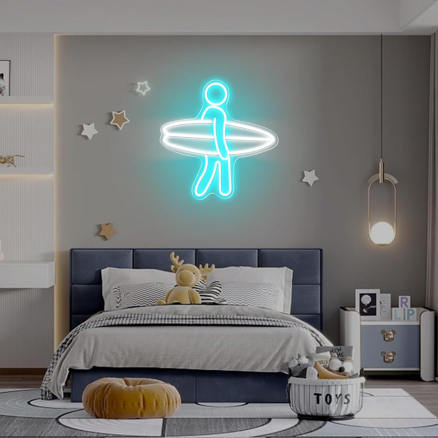 LED neon sign of a surfer holding a surfboard, glowing wall decor for beach lovers and surf-themed rooms