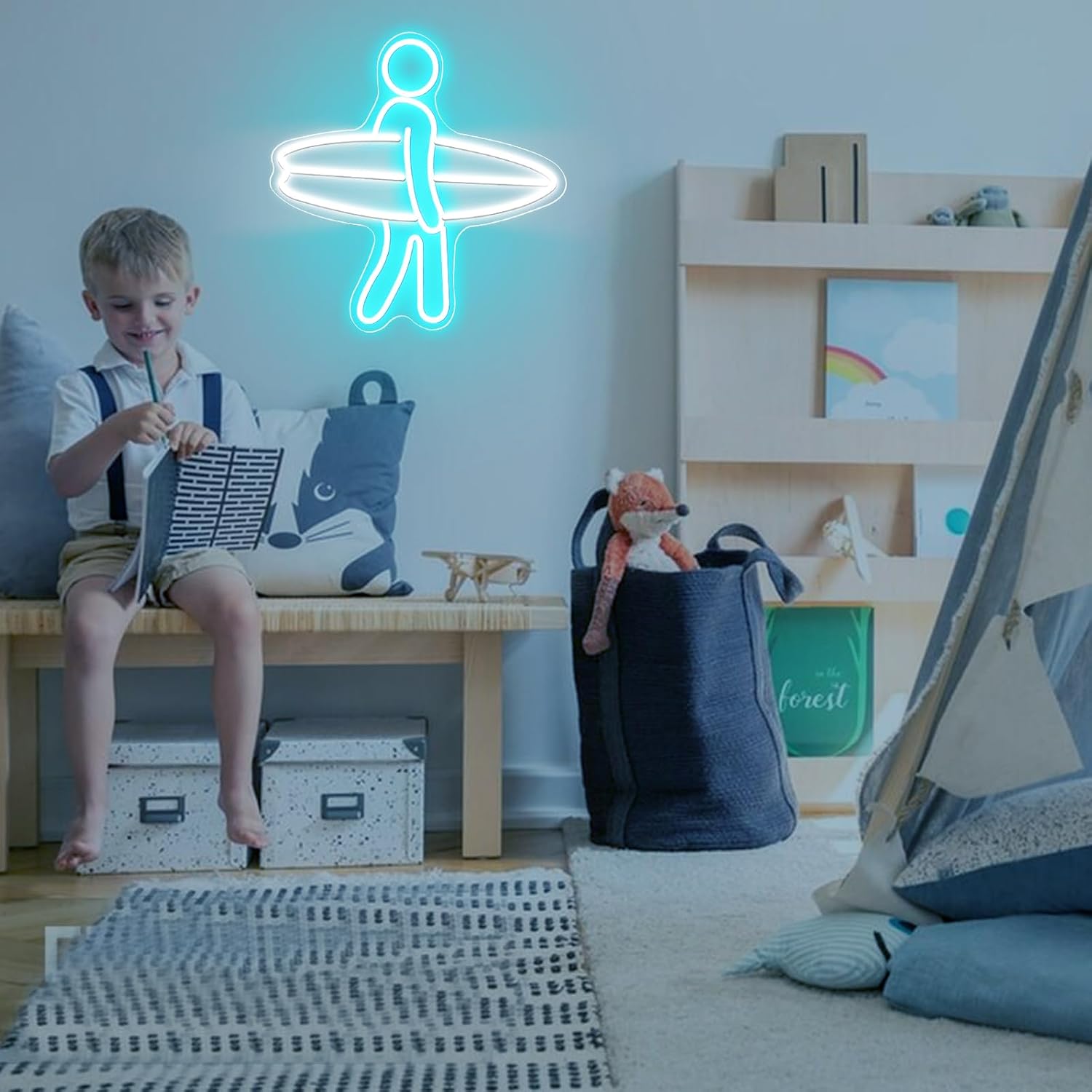 LED neon sign of a surfer holding a surfboard, glowing wall decor for beach lovers and surf-themed rooms