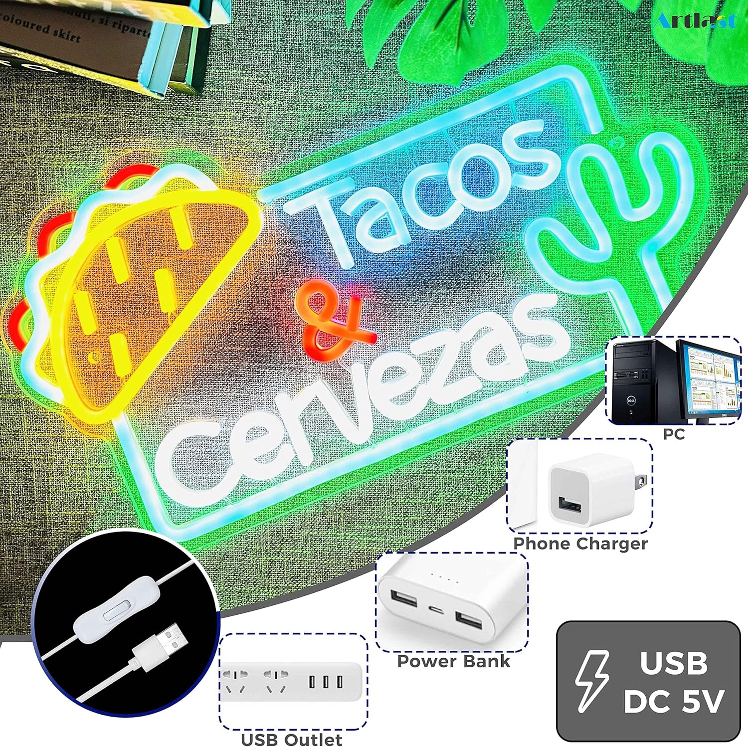 LED neon sign featuring the words Tacos Cervezas, perfect for Mexican restaurant or bar wall décor
