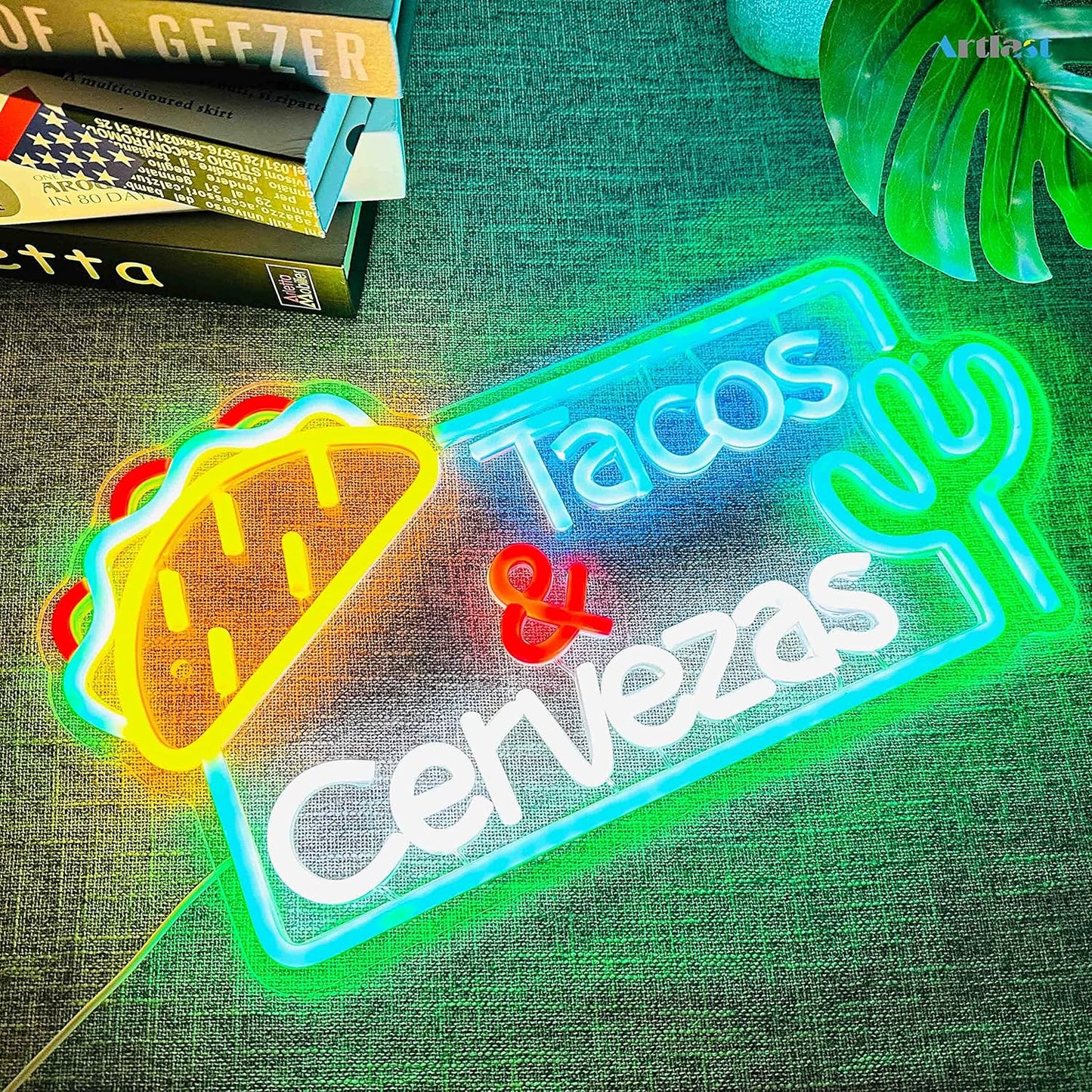 LED neon sign featuring the words Tacos Cervezas, perfect for Mexican restaurant or bar wall décor