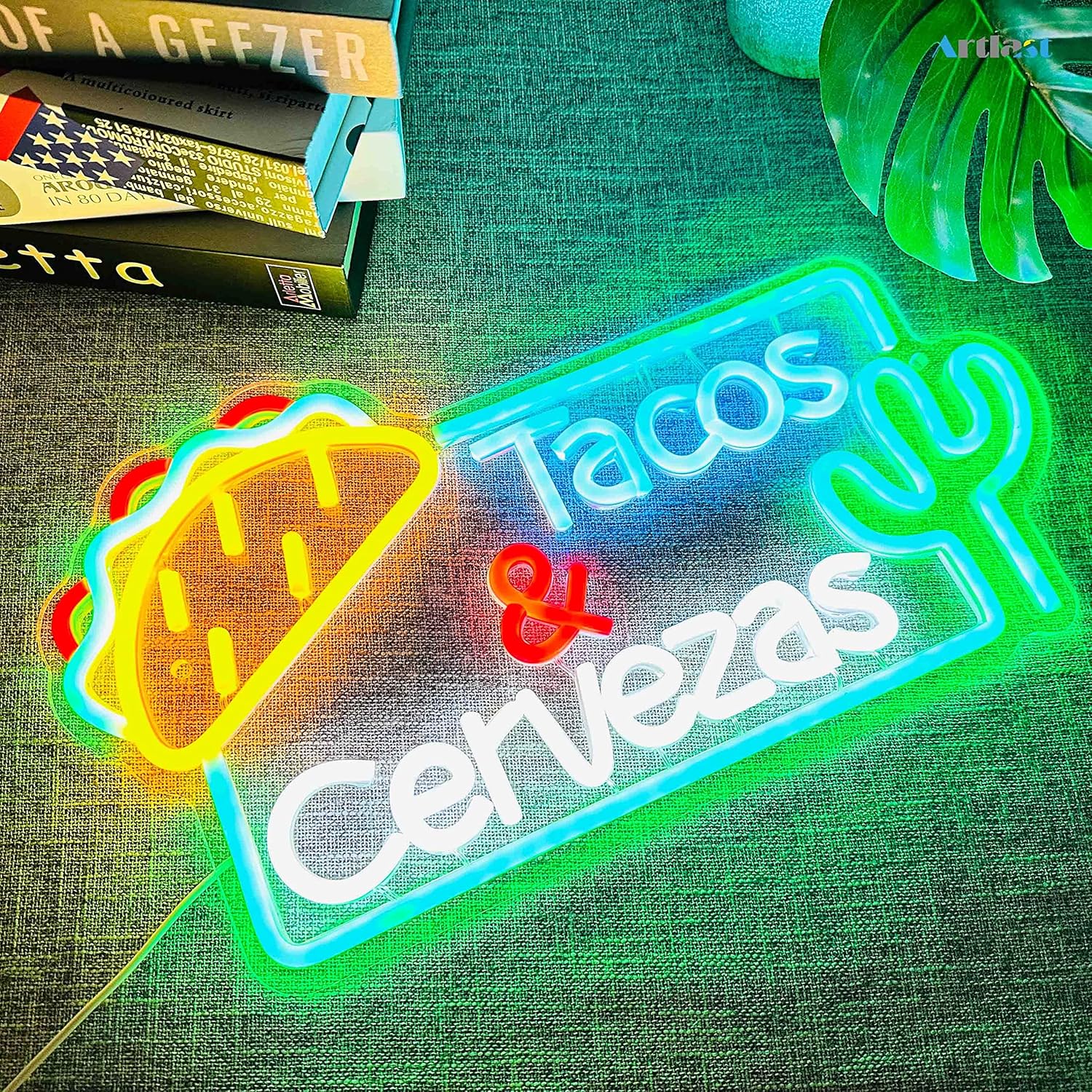 LED neon sign featuring the words Tacos Cervezas, perfect for Mexican restaurant or bar wall décor