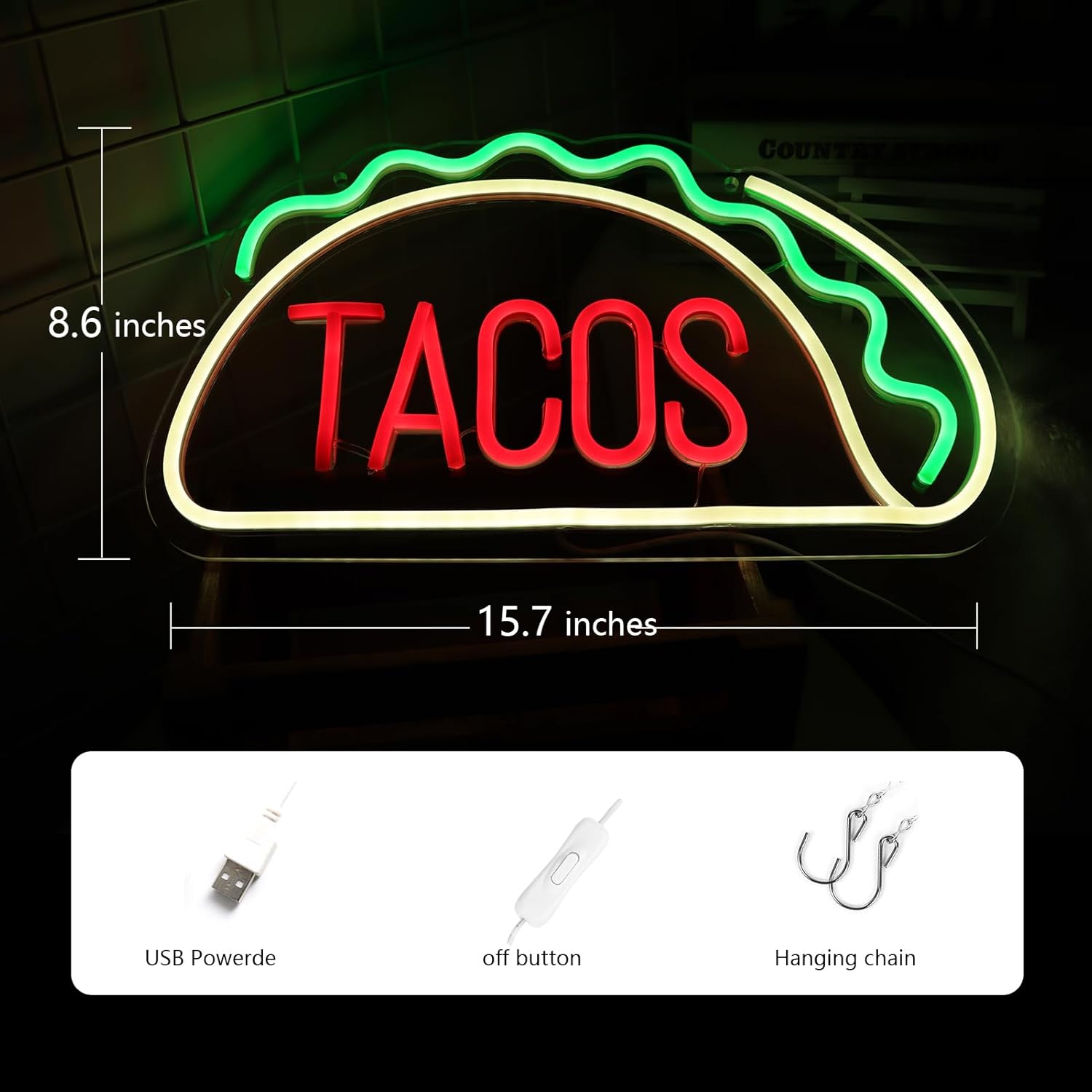 Tacos Neon Sign - LED Taco Shape Light for Mexican Restaurants, Food Trucks & Bars - Deen neon